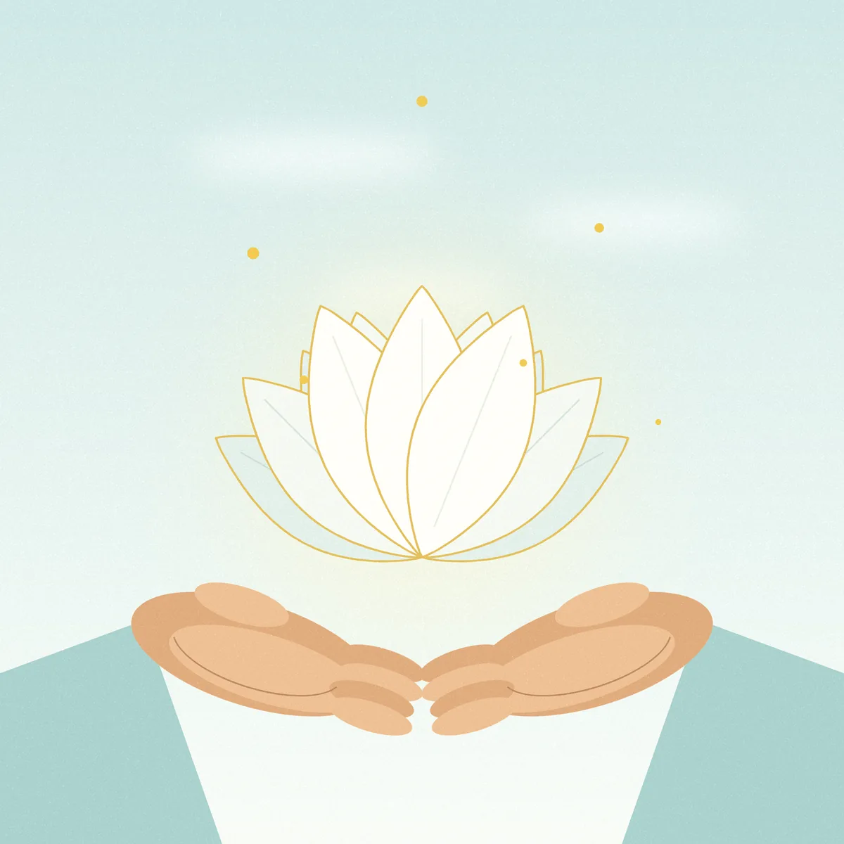 Illustration of two open hands offering a white and gold lotus under a pale sky